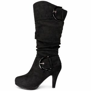 TOP MODA Black Two Buckle Mid-Calf Slouch Faux Suede Heel Boots